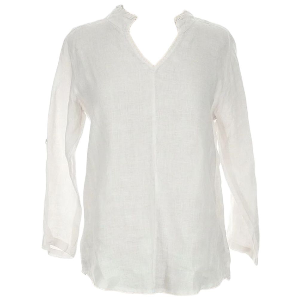 Rosemarine White Linen Top 3/4 Sleeve With V Neck And Button Sleeve Size S